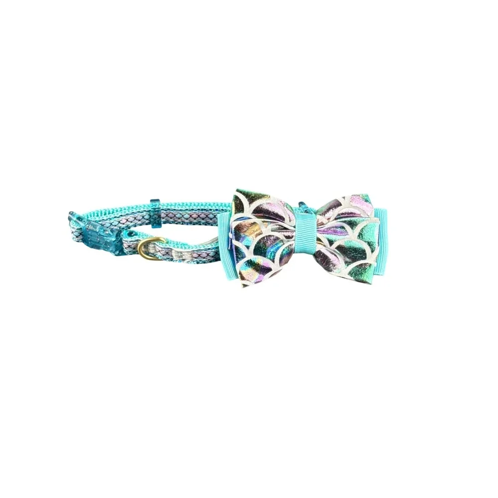 Top Paw Blue Mermaid Adj Collar XS Dog Cat Bowtie Sparkle Fish Scale